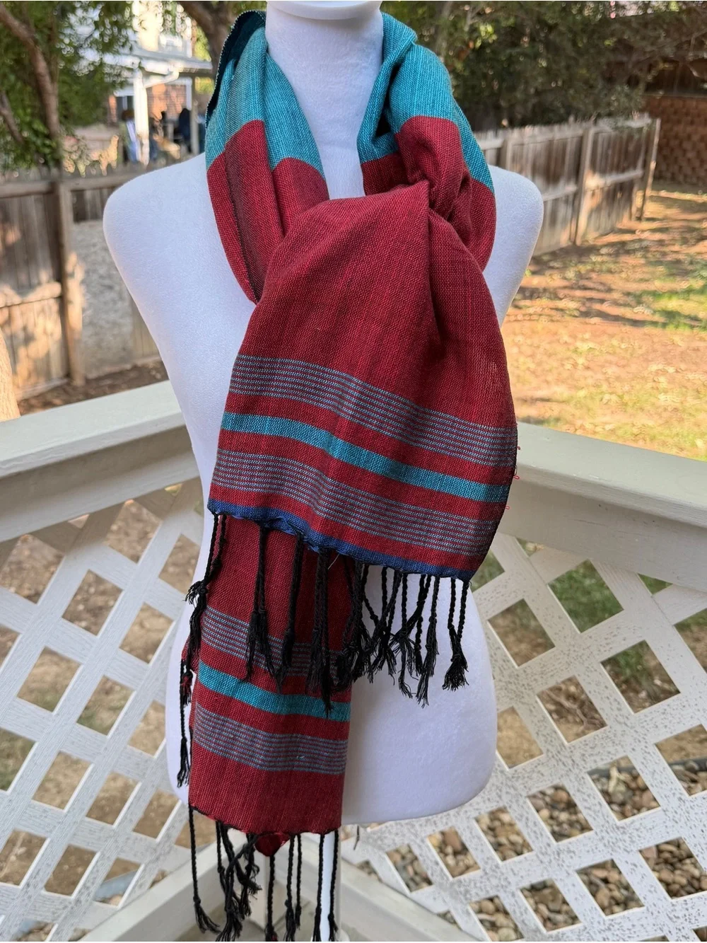 Teal Burgundy shawl Color Block Tassels Art to Wear Woven 64.5x28.5” long & Wide